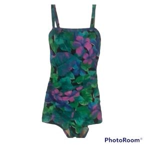 Woman’s vintage rare Y2k old stock green & purple floral one piece swimsuit